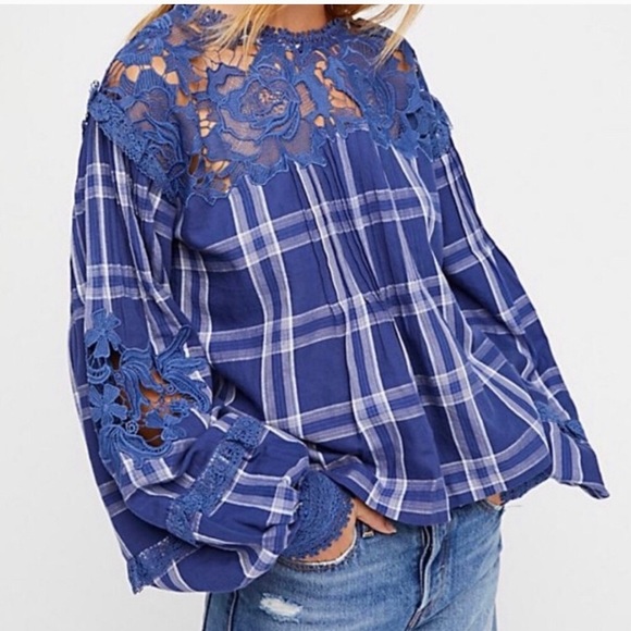 Free People Tops - Free People | Diana lace blue plaid blouse